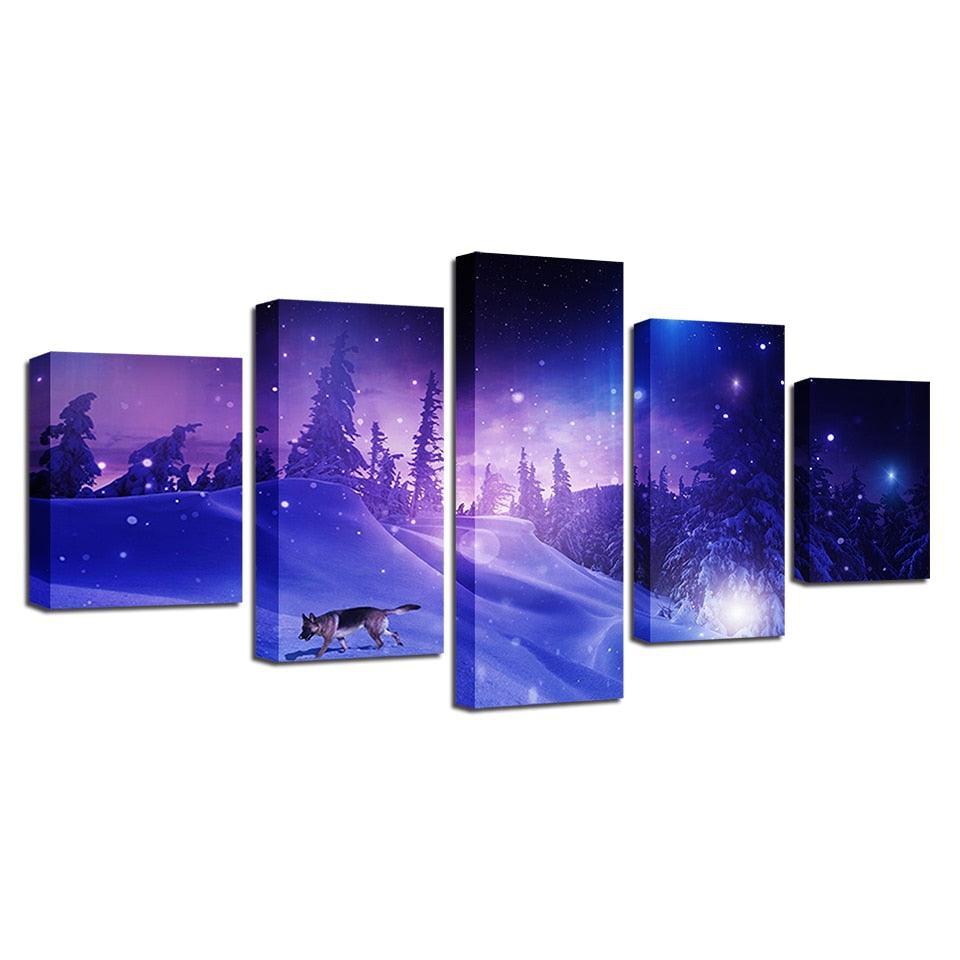 Snow Forest Wolf 5 Piece HD Multi Panel Canvas Wall Art Frame-Original Frame