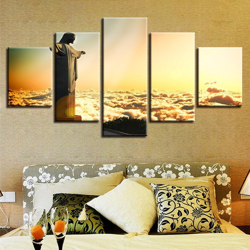 Christ the Redeemer Statue 5 Piece HD Multi Panel Canvas Wall Art Frame-Original Frame