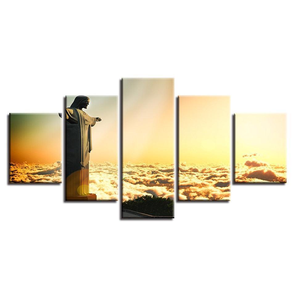 Christ the Redeemer Statue 5 Piece HD Multi Panel Canvas Wall Art Frame-Original Frame