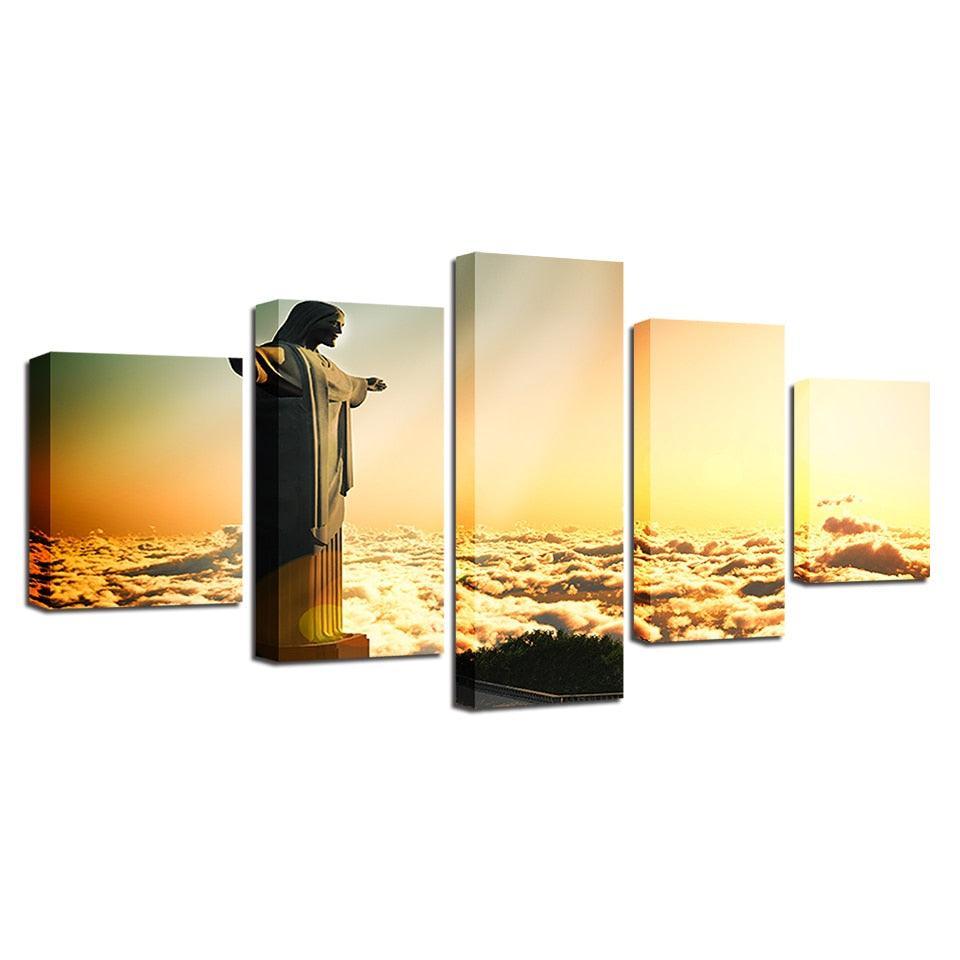 Christ the Redeemer Statue 5 Piece HD Multi Panel Canvas Wall Art Frame-Original Frame