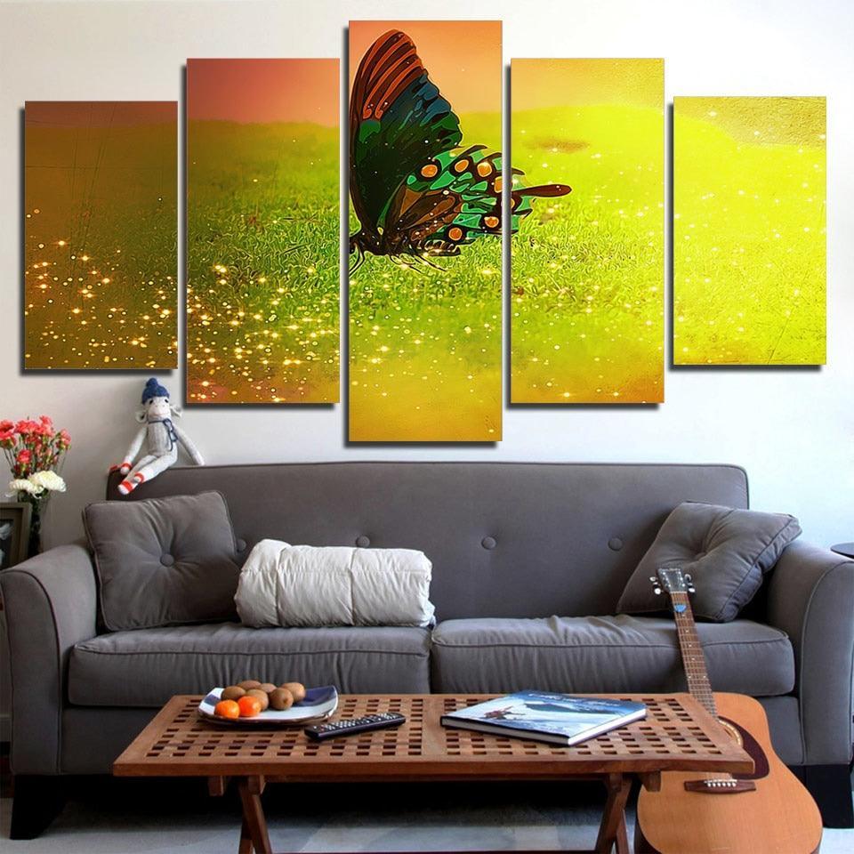 Butterfly Fireflies Flying On Green Grassland 5 Piece HD Multi Panel Canvas Wall Art Frame-Original Frame