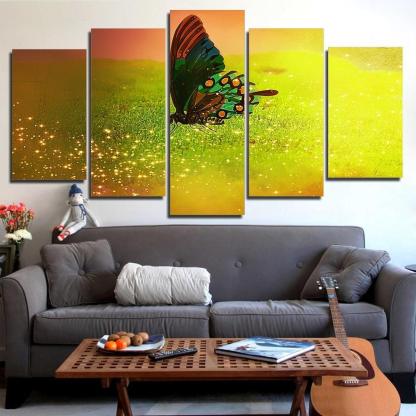 Butterfly Fireflies Flying On Green Grassland 5 Piece HD Multi Panel Canvas Wall Art Frame-Original Frame