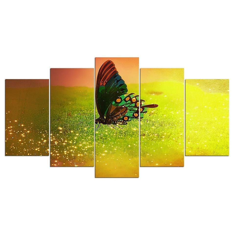 Butterfly Fireflies Flying On Green Grassland 5 Piece HD Multi Panel Canvas Wall Art Frame-Original Frame