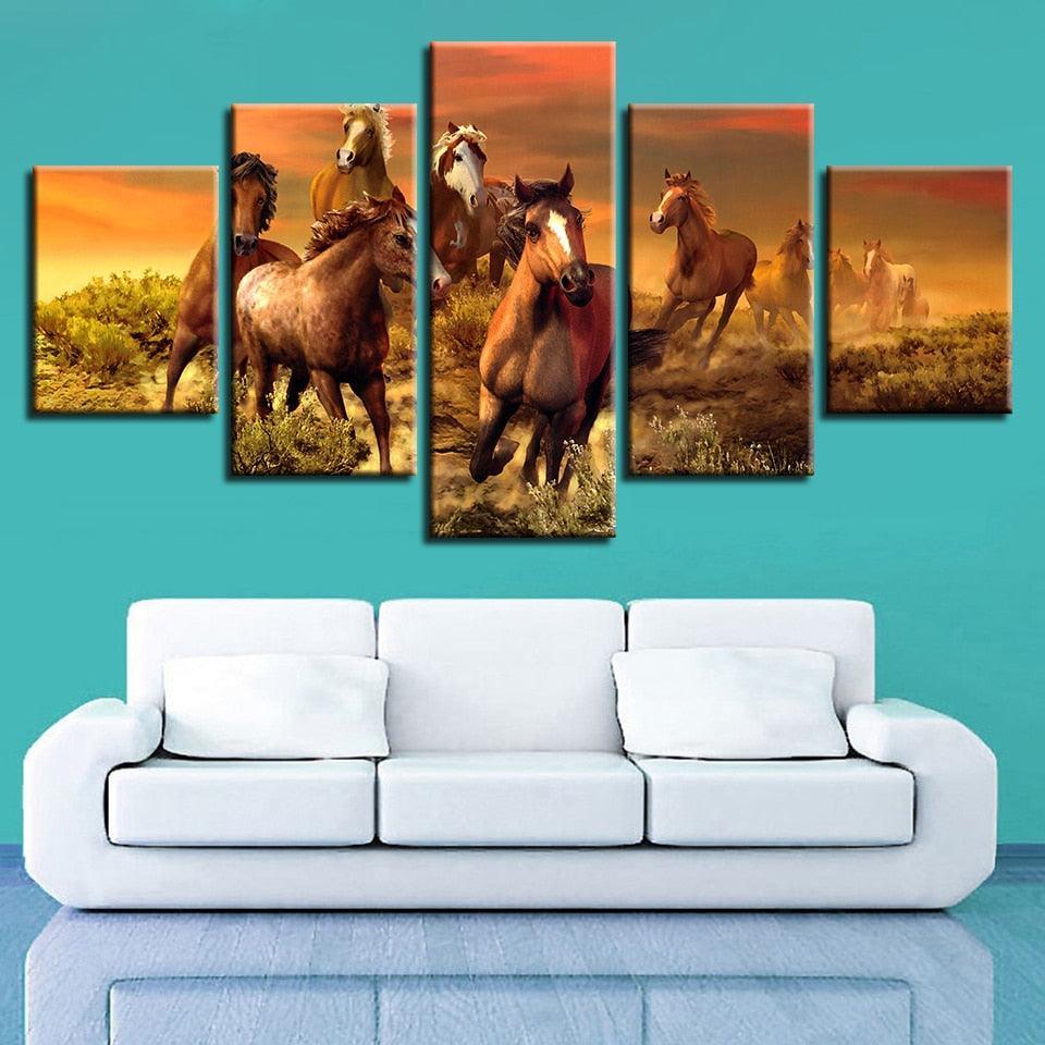 Running Horses 5 Piece HD Multi Panel Canvas Wall Art Frame-Original Frame