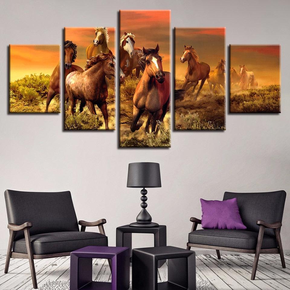 Running Horses 5 Piece HD Multi Panel Canvas Wall Art Frame-Original Frame