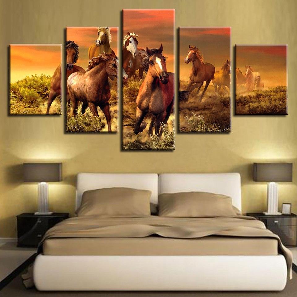 Running Horses 5 Piece HD Multi Panel Canvas Wall Art Frame-Original Frame
