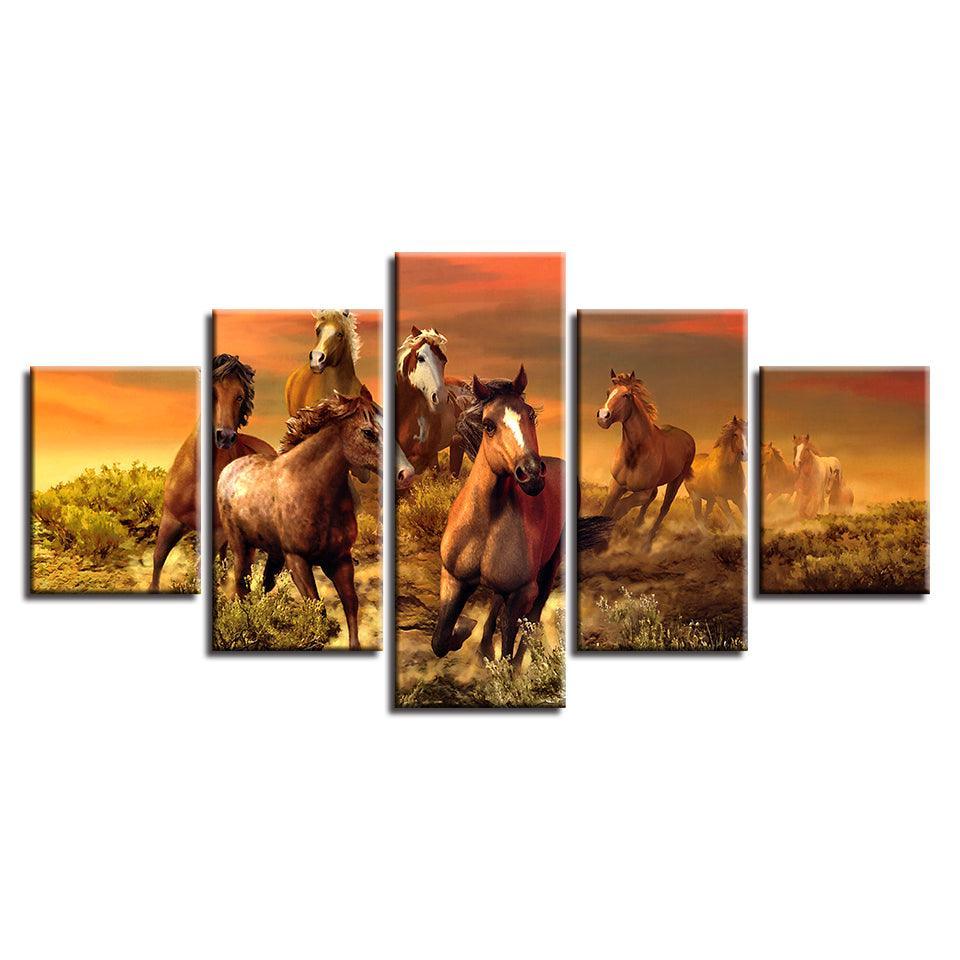 Running Horses 5 Piece HD Multi Panel Canvas Wall Art Frame-Original Frame