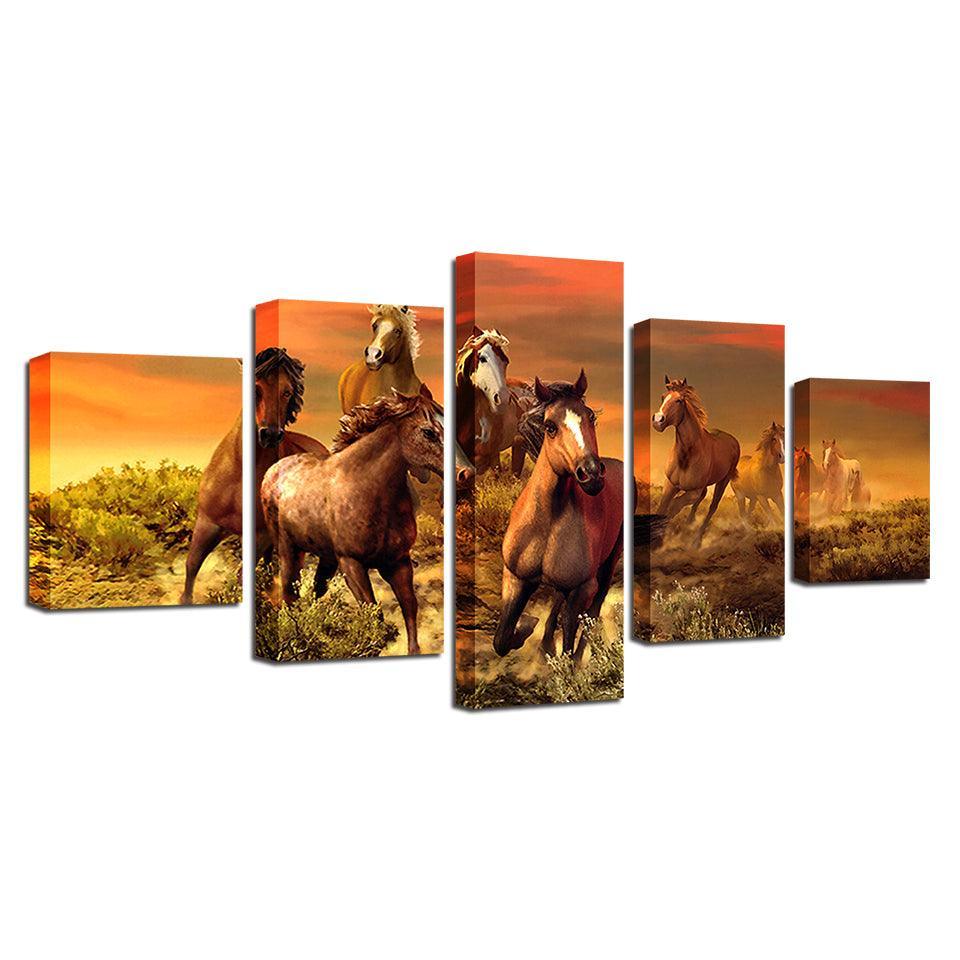 Running Horses 5 Piece HD Multi Panel Canvas Wall Art Frame-Original Frame