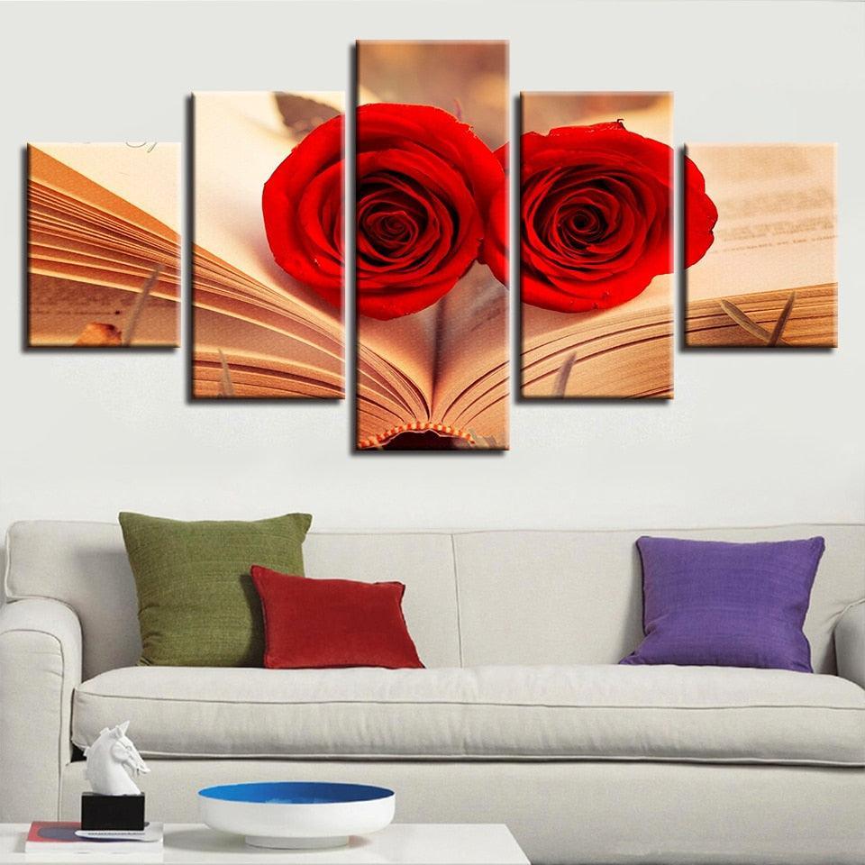 Red Roses In A Book 5 Piece HD Multi Panel Canvas Wall Art Frame-Original Frame
