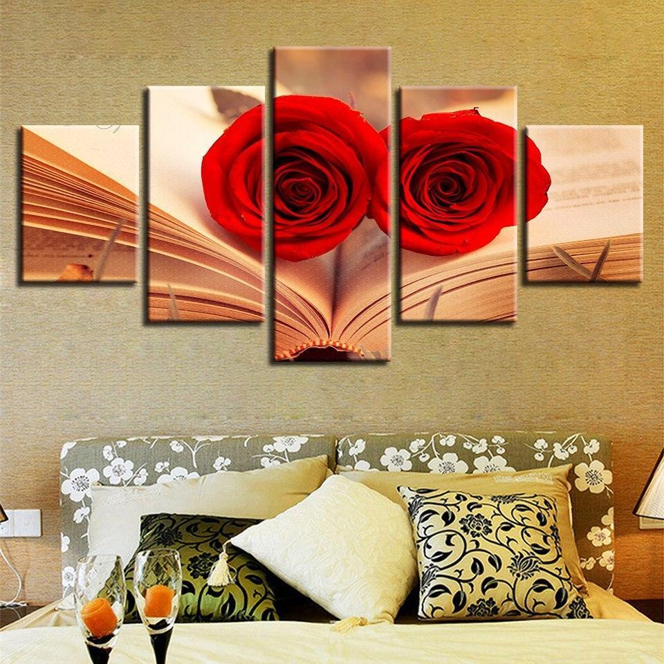 Red Roses In A Book 5 Piece HD Multi Panel Canvas Wall Art Frame-Original Frame