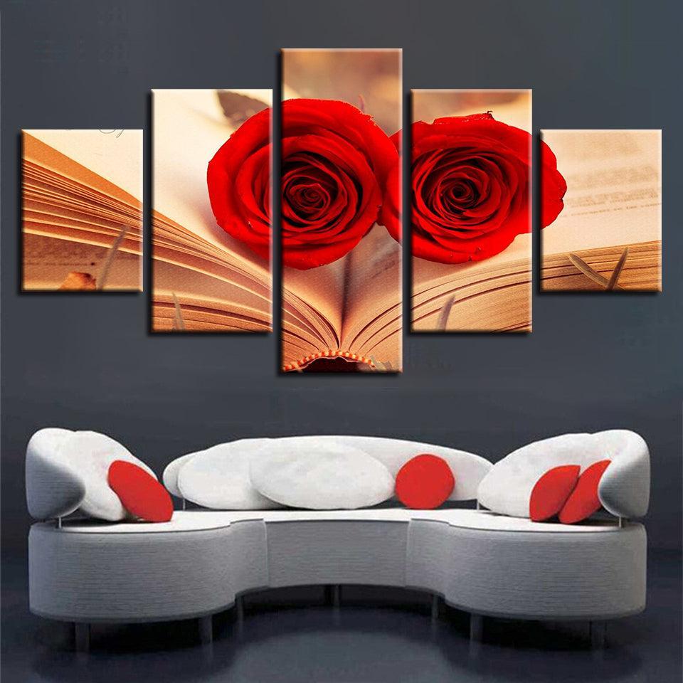 Red Roses In A Book 5 Piece HD Multi Panel Canvas Wall Art Frame-Original Frame