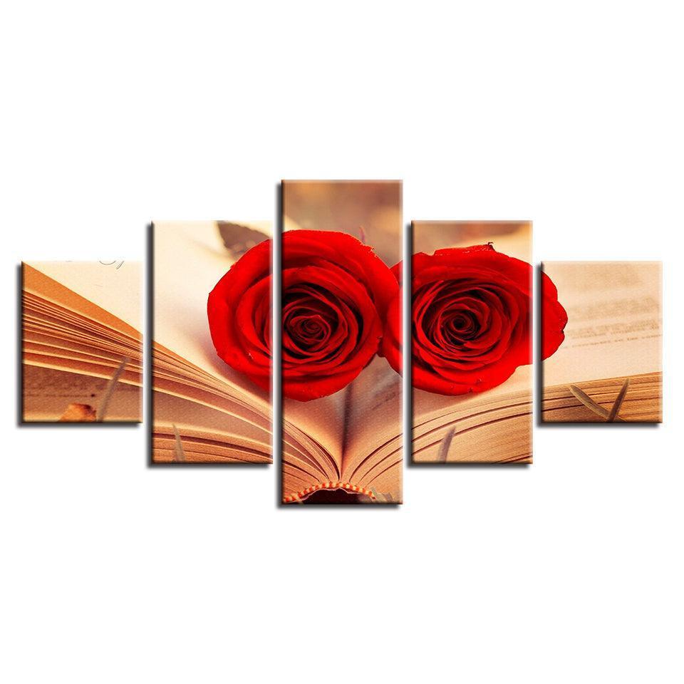 Red Roses In A Book 5 Piece HD Multi Panel Canvas Wall Art Frame-Original Frame