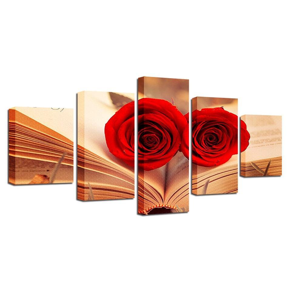 Red Roses In A Book 5 Piece HD Multi Panel Canvas Wall Art Frame-Original Frame