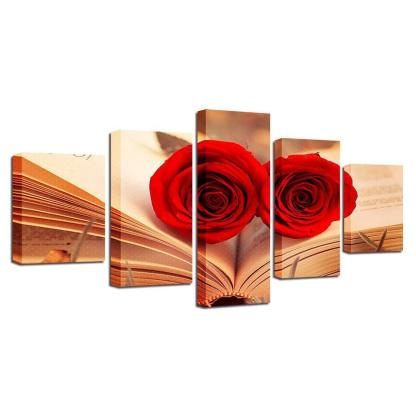 Red Roses In A Book 5 Piece HD Multi Panel Canvas Wall Art Frame-Original Frame