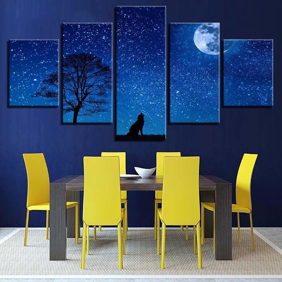 Wild Wolf And Moon Night 5 Piece HD Multi Panel Canvas Wall Art Frame-Original Frame