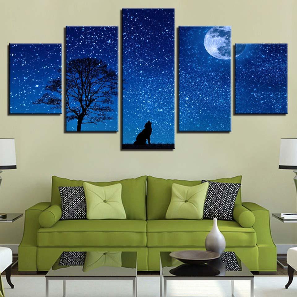 Wild Wolf And Moon Night 5 Piece HD Multi Panel Canvas Wall Art Frame-Original Frame
