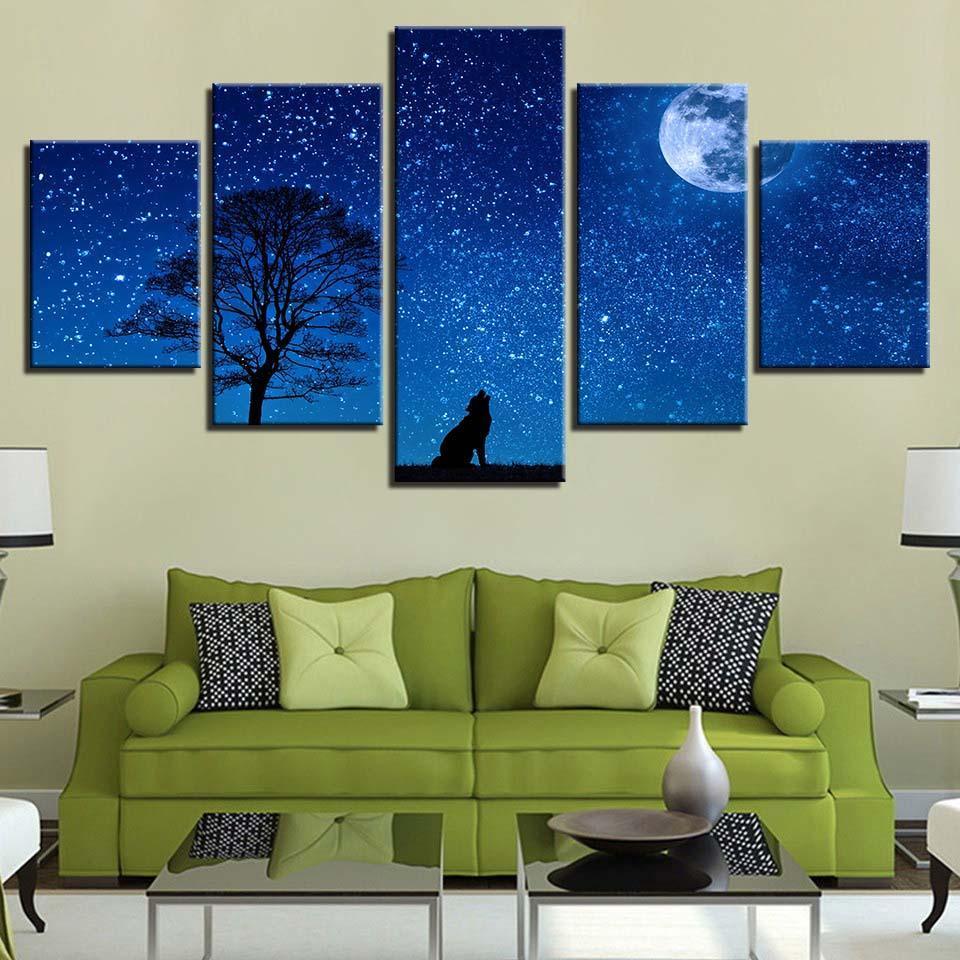 Wild Wolf And Moon Night 5 Piece HD Multi Panel Canvas Wall Art Frame-Original Frame