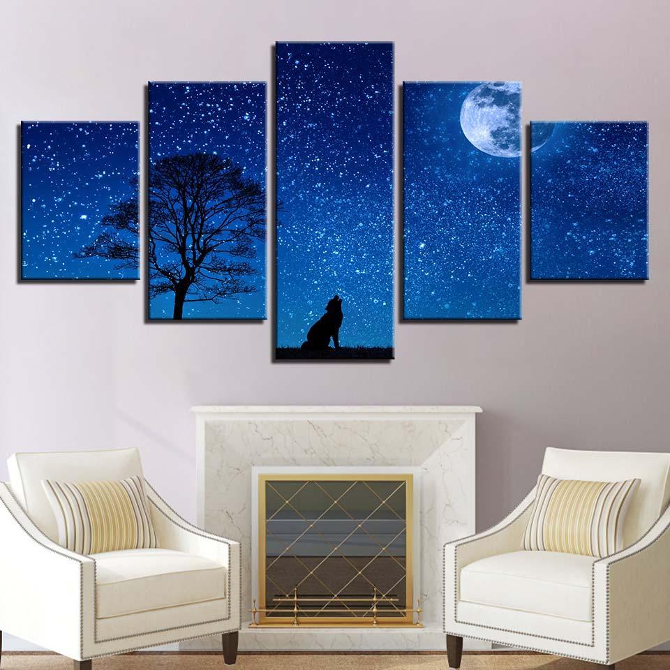 Wild Wolf And Moon Night 5 Piece HD Multi Panel Canvas Wall Art Frame-Original Frame