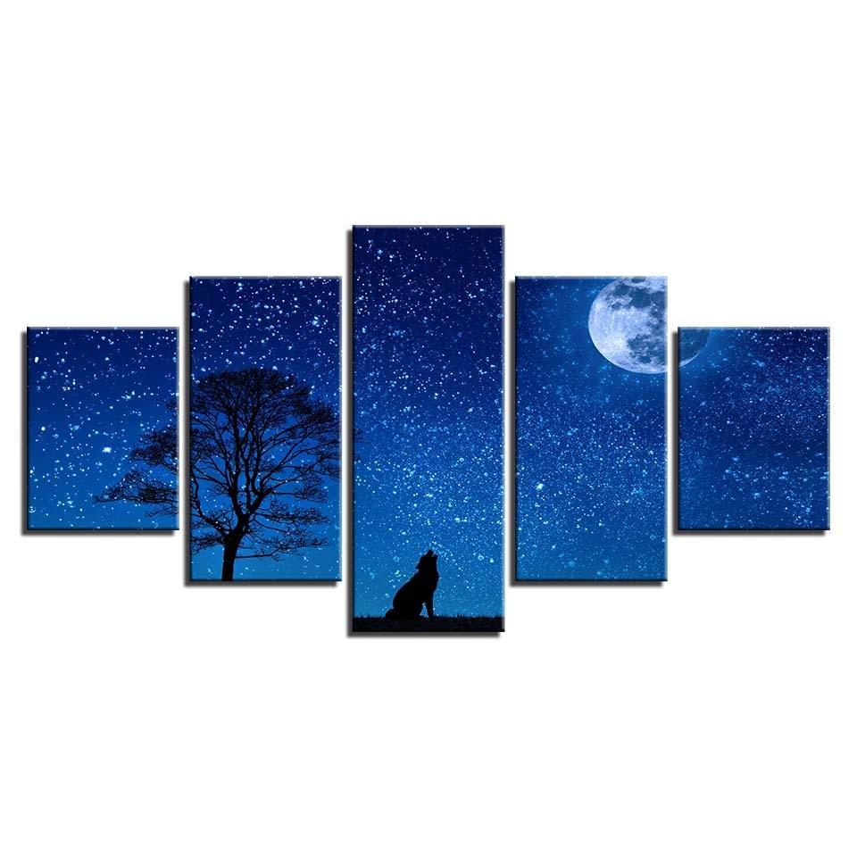 Wild Wolf And Moon Night 5 Piece HD Multi Panel Canvas Wall Art Frame-Original Frame