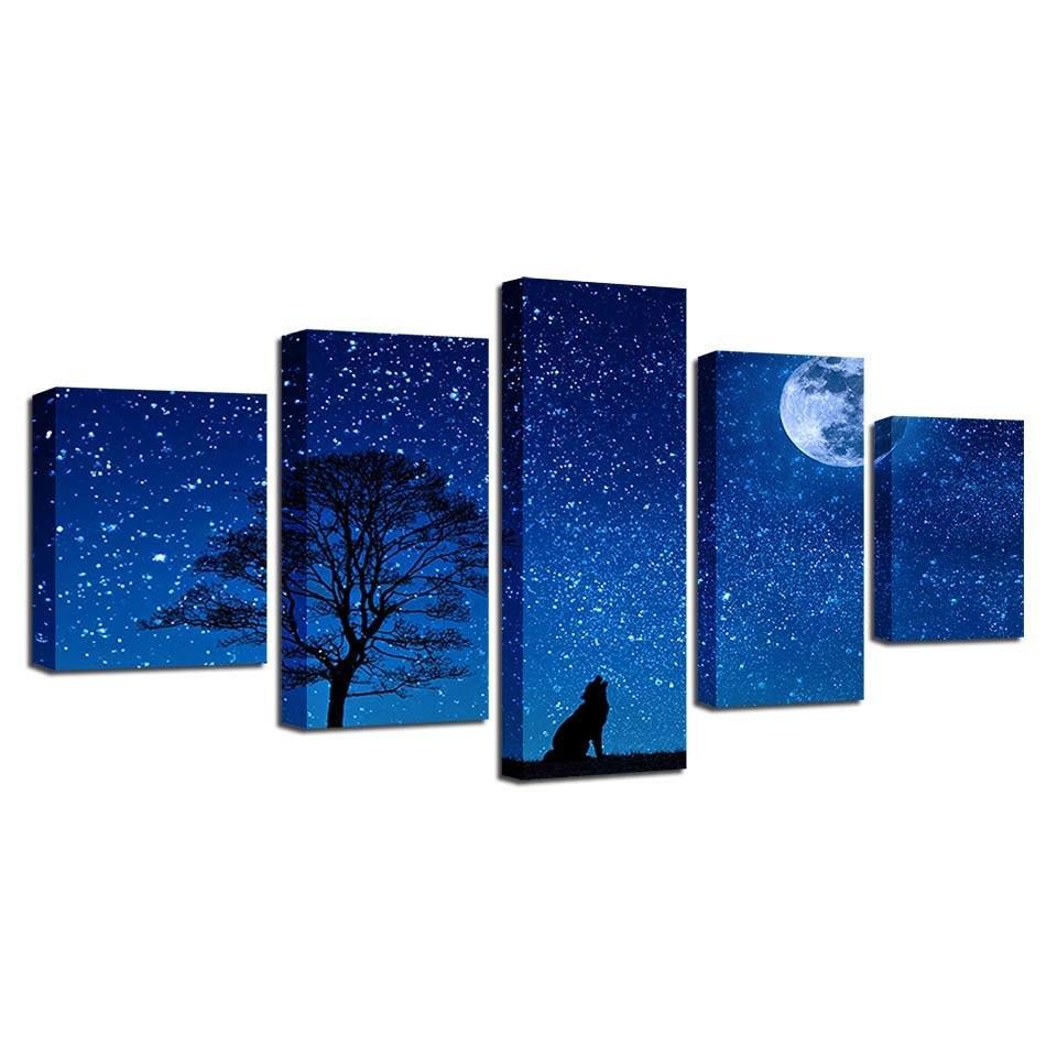 Wild Wolf And Moon Night 5 Piece HD Multi Panel Canvas Wall Art Frame-Original Frame