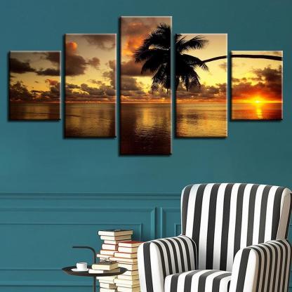Sunset Palm Tree 5 Piece HD Multi Panel Canvas Wall Art Frame-Original Frame