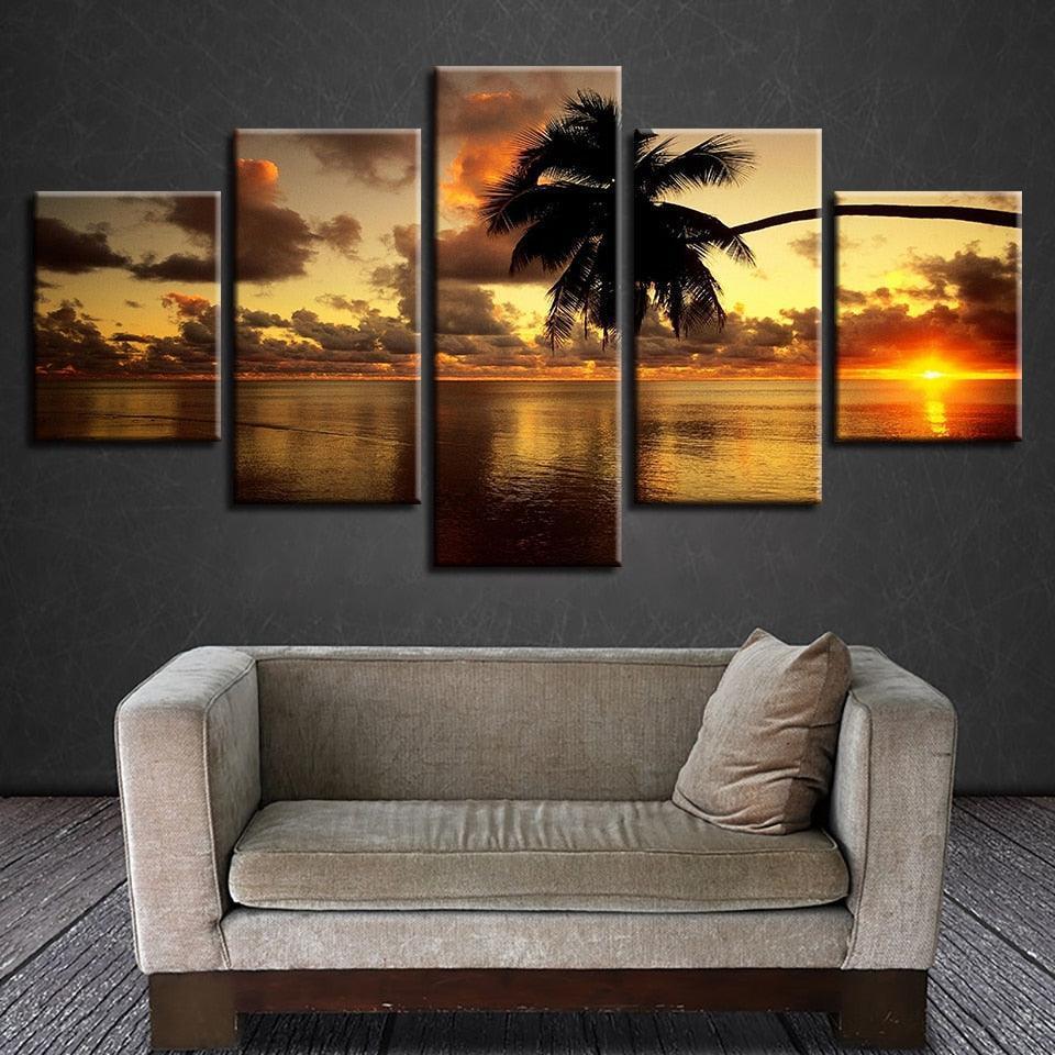 Sunset Palm Tree 5 Piece HD Multi Panel Canvas Wall Art Frame-Original Frame