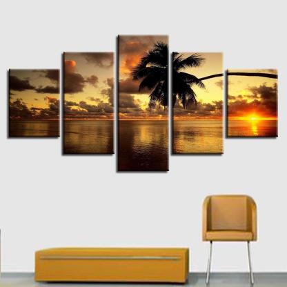 Sunset Palm Tree 5 Piece HD Multi Panel Canvas Wall Art Frame-Original Frame