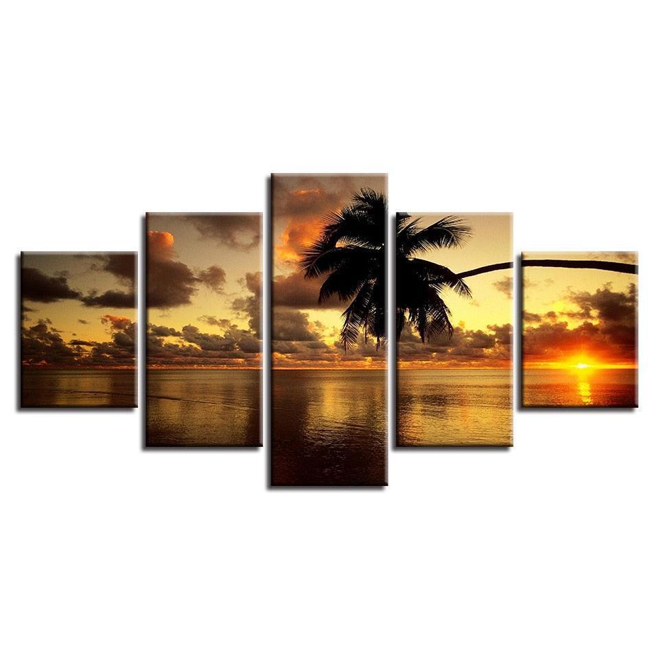 Sunset Palm Tree 5 Piece HD Multi Panel Canvas Wall Art Frame-Original Frame