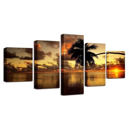 Sunset Palm Tree 5 Piece HD Multi Panel Canvas Wall Art Frame-Original Frame