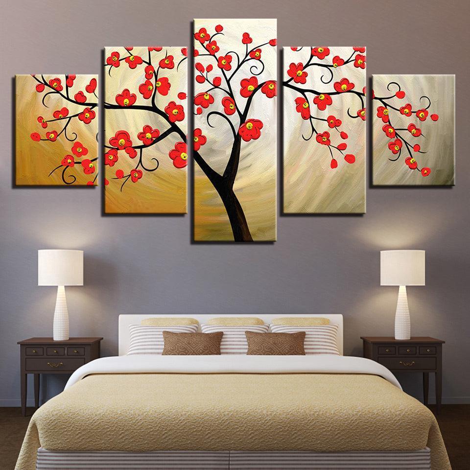Red Plum Blossom 5 Piece HD Multi Panel Canvas Wall Art Frame-Original Frame