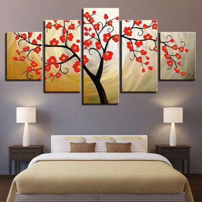 Red Plum Blossom 5 Piece HD Multi Panel Canvas Wall Art Frame-Original Frame