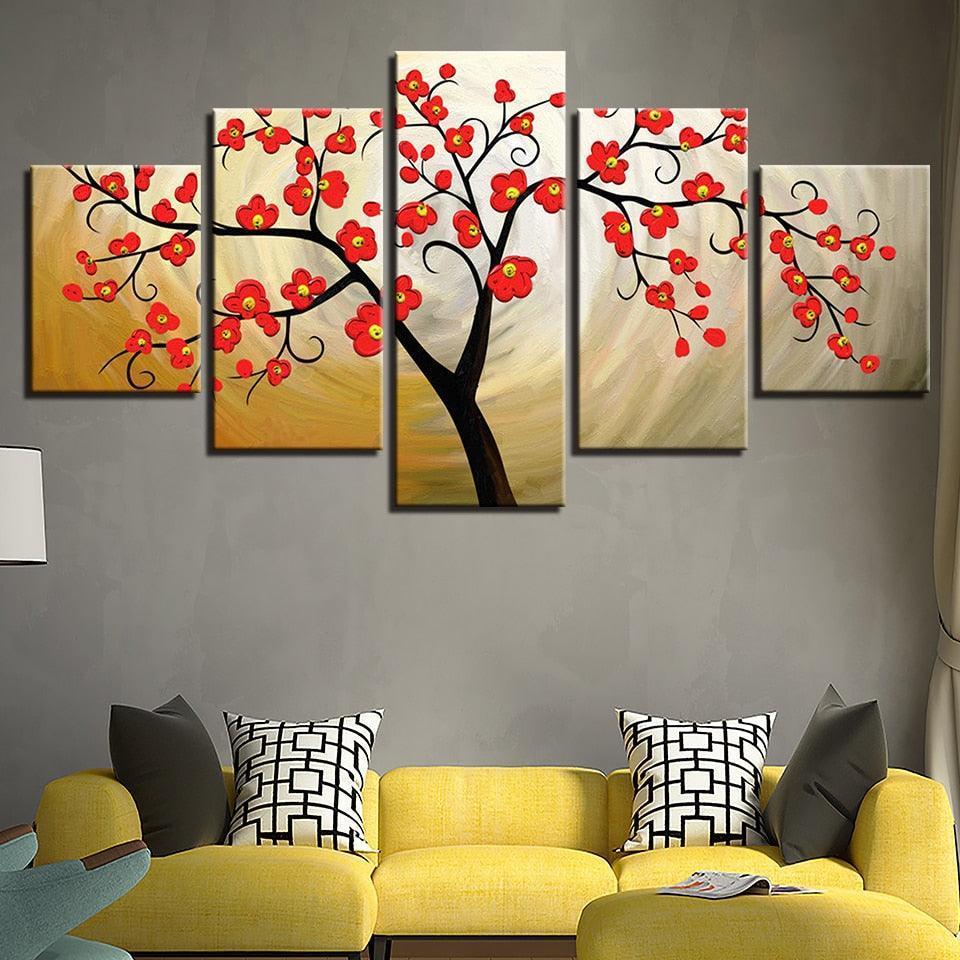 Red Plum Blossom 5 Piece HD Multi Panel Canvas Wall Art Frame-Original Frame