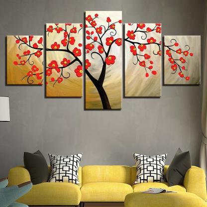 Red Plum Blossom 5 Piece HD Multi Panel Canvas Wall Art Frame-Original Frame