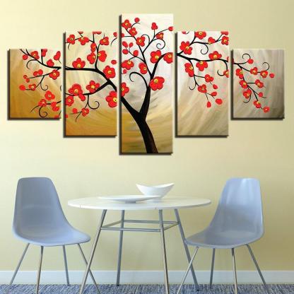 Red Plum Blossom 5 Piece HD Multi Panel Canvas Wall Art Frame-Original Frame