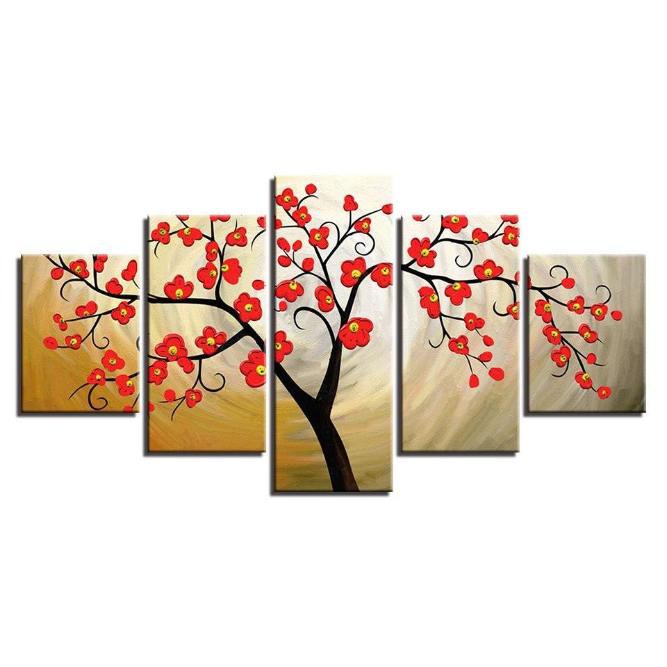 Red Plum Blossom 5 Piece HD Multi Panel Canvas Wall Art Frame-Original Frame