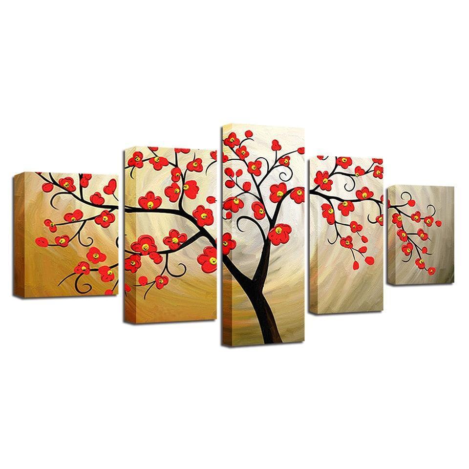 Red Plum Blossom 5 Piece HD Multi Panel Canvas Wall Art Frame-Original Frame
