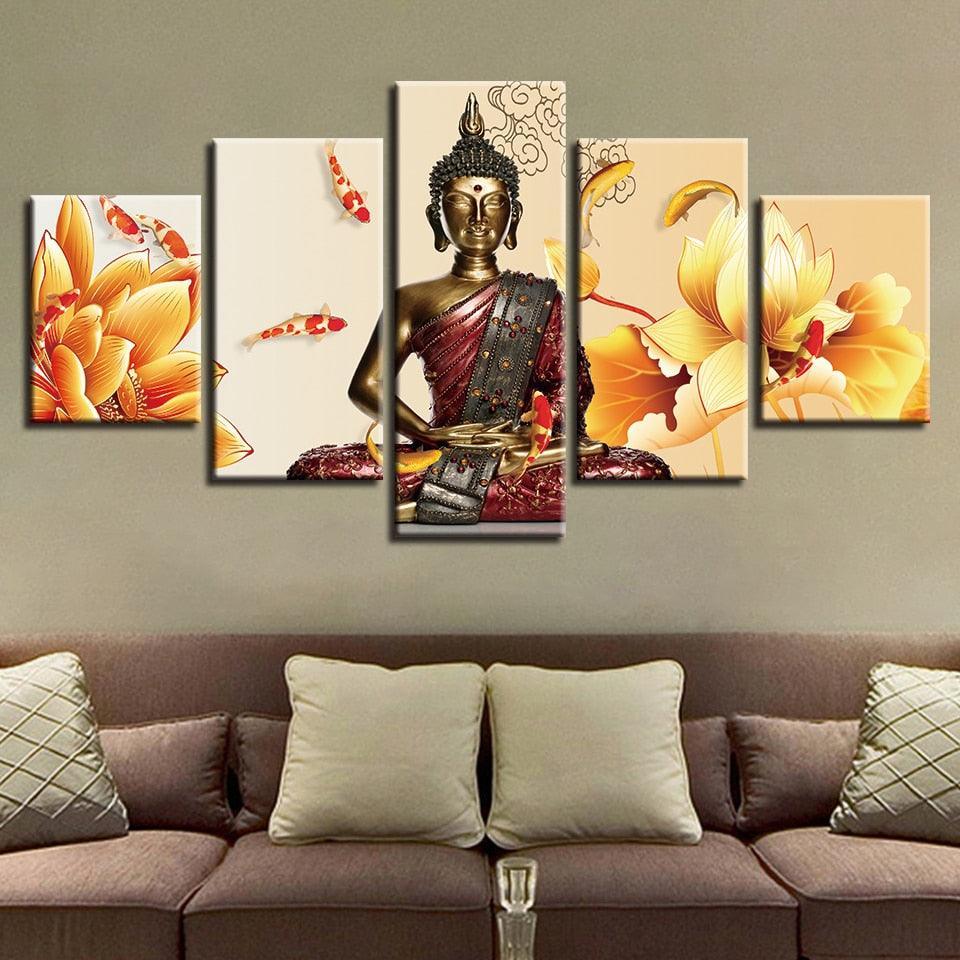 Buddha Statue Fishes And Flowers 5 Piece HD Multi Panel Canvas Wall Art Frame-Original Frame
