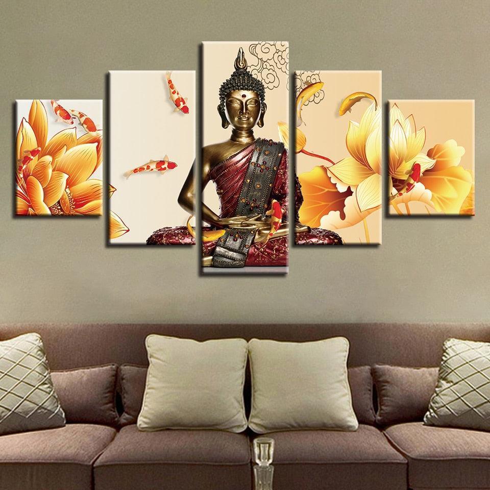 Buddha Statue Fishes And Flowers 5 Piece HD Multi Panel Canvas Wall Art Frame-Original Frame