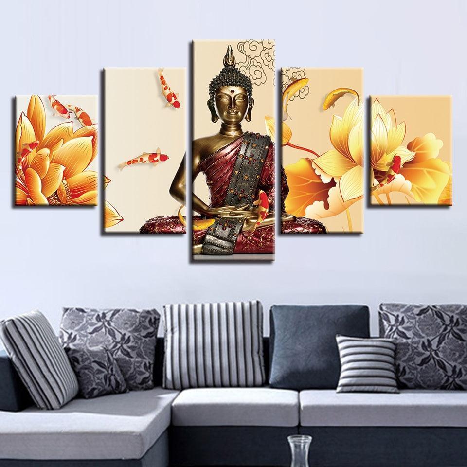 Buddha Statue Fishes And Flowers 5 Piece HD Multi Panel Canvas Wall Art Frame-Original Frame