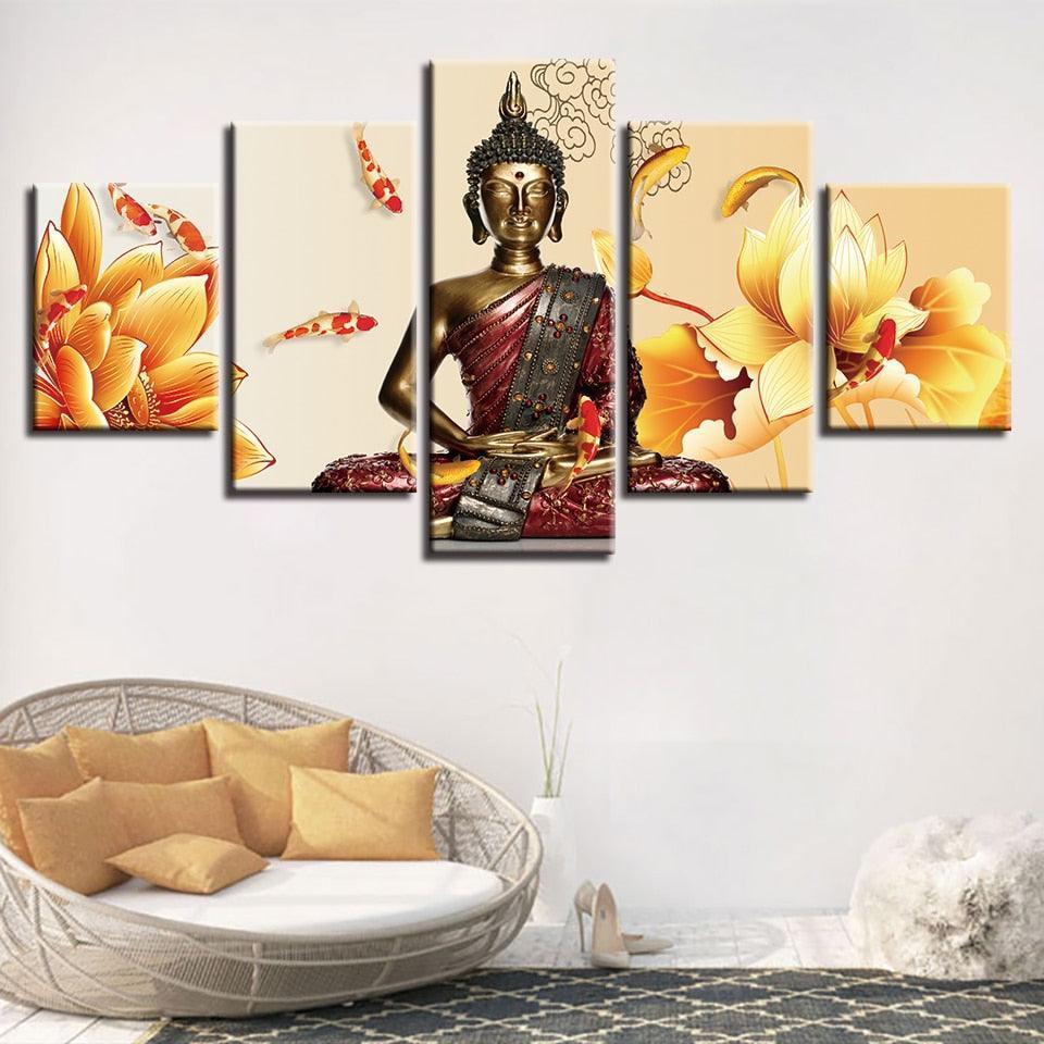 Buddha Statue Fishes And Flowers 5 Piece HD Multi Panel Canvas Wall Art Frame-Original Frame