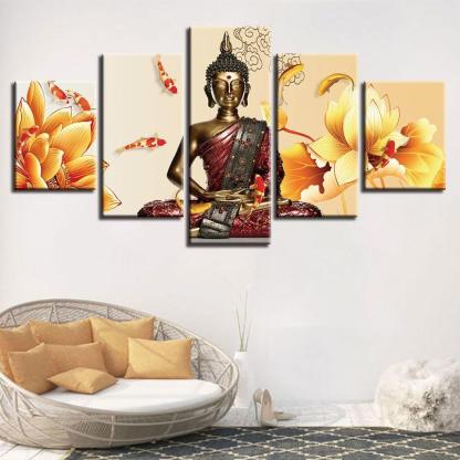Buddha Statue Fishes And Flowers 5 Piece HD Multi Panel Canvas Wall Art Frame-Original Frame