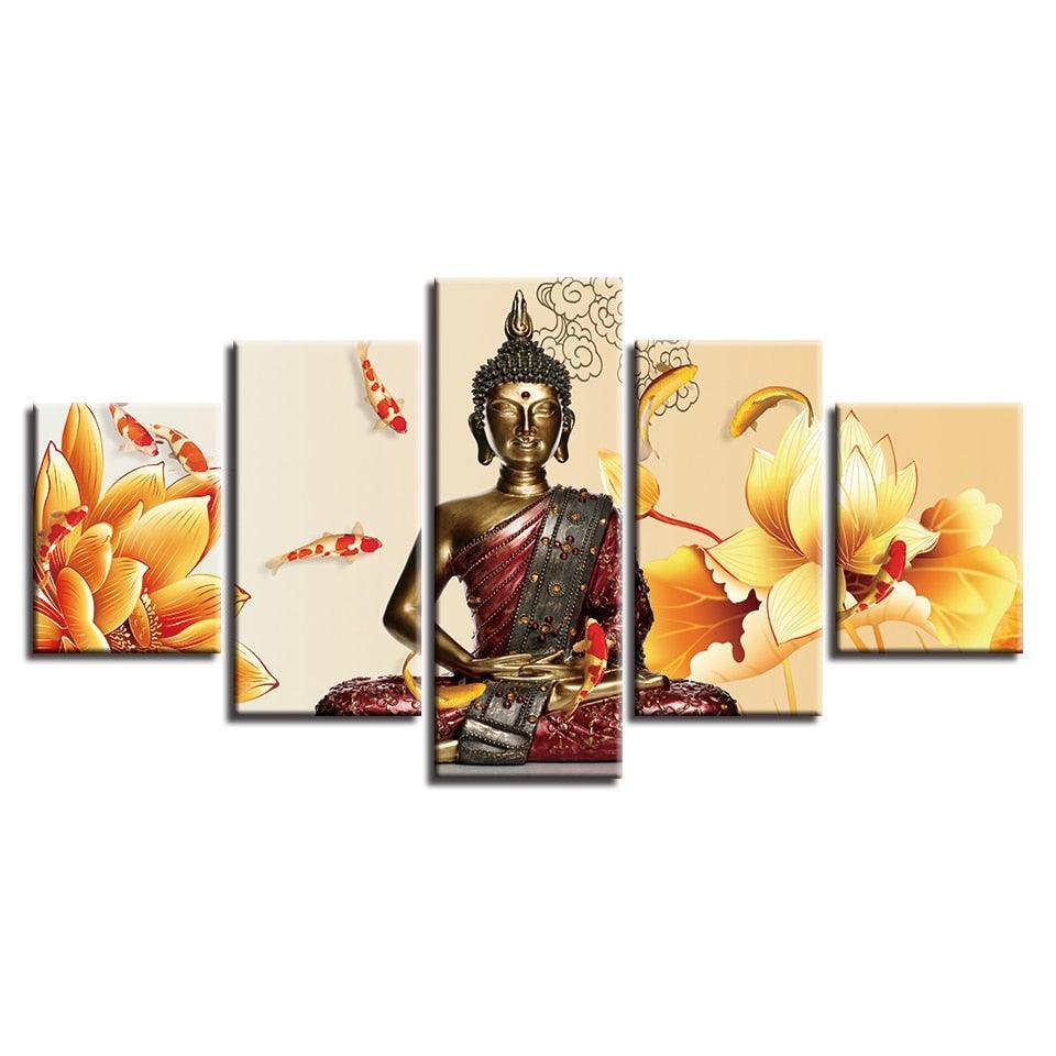 Buddha Statue Fishes And Flowers 5 Piece HD Multi Panel Canvas Wall Art Frame-Original Frame