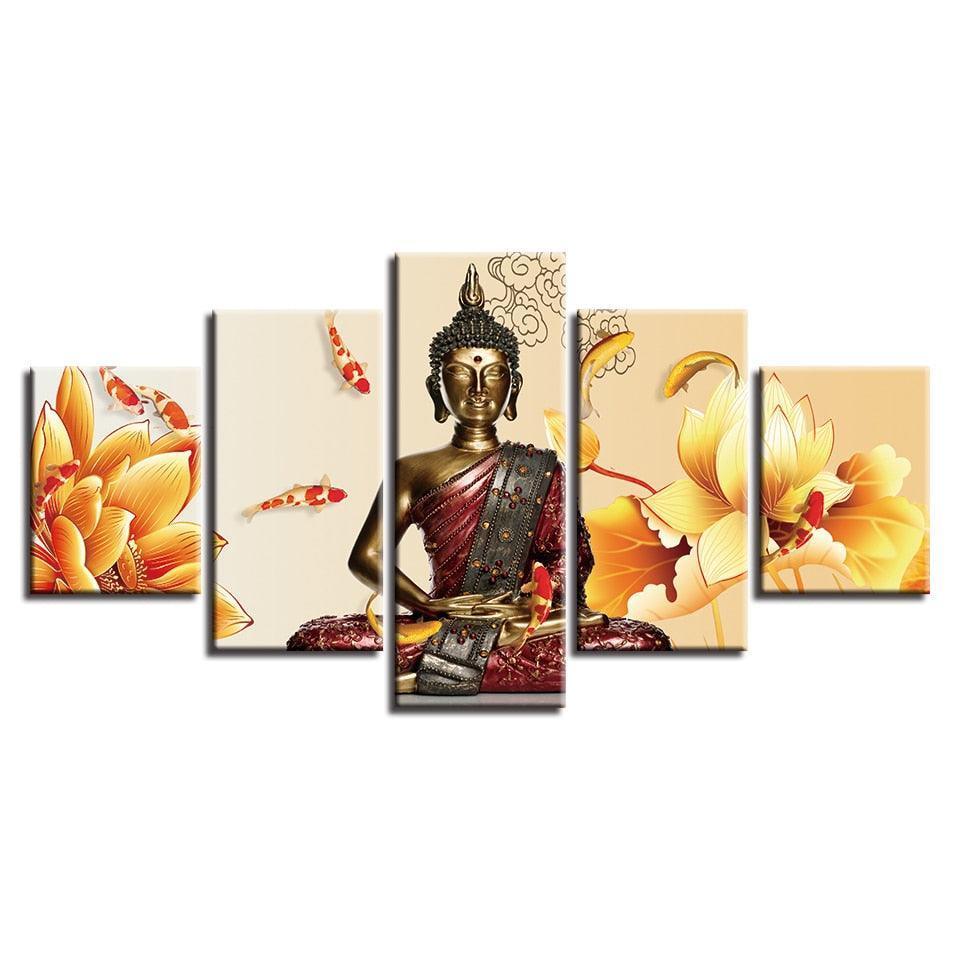 Buddha Statue Fishes And Flowers 5 Piece HD Multi Panel Canvas Wall Art Frame-Original Frame