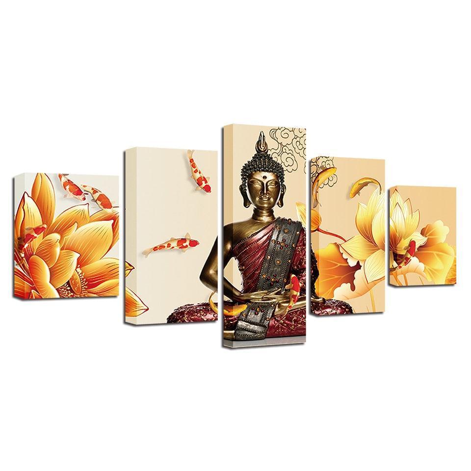 Buddha Statue Fishes And Flowers 5 Piece HD Multi Panel Canvas Wall Art Frame-Original Frame
