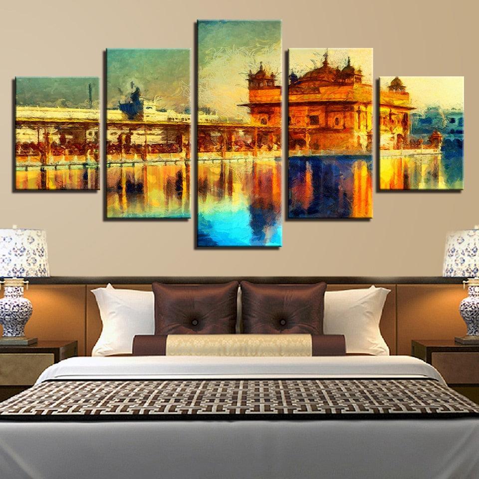 Golden Temple Landscape 5 Piece HD Multi Panel Canvas Wall Art Frame-Original Frame