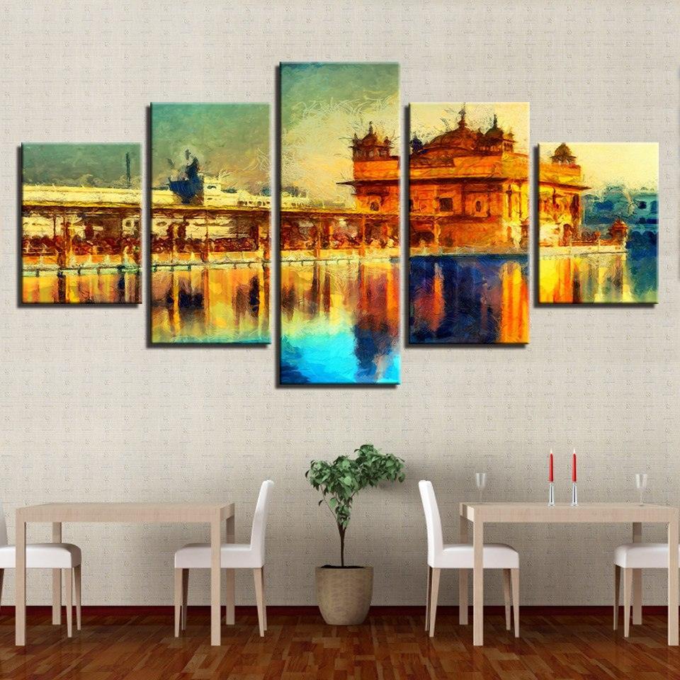 Golden Temple Landscape 5 Piece HD Multi Panel Canvas Wall Art Frame-Original Frame