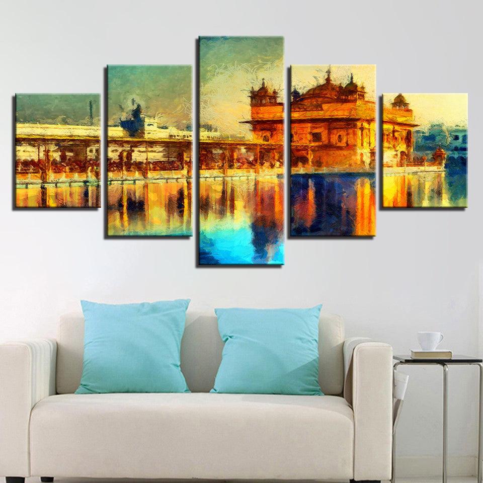 Golden Temple Landscape 5 Piece HD Multi Panel Canvas Wall Art Frame-Original Frame