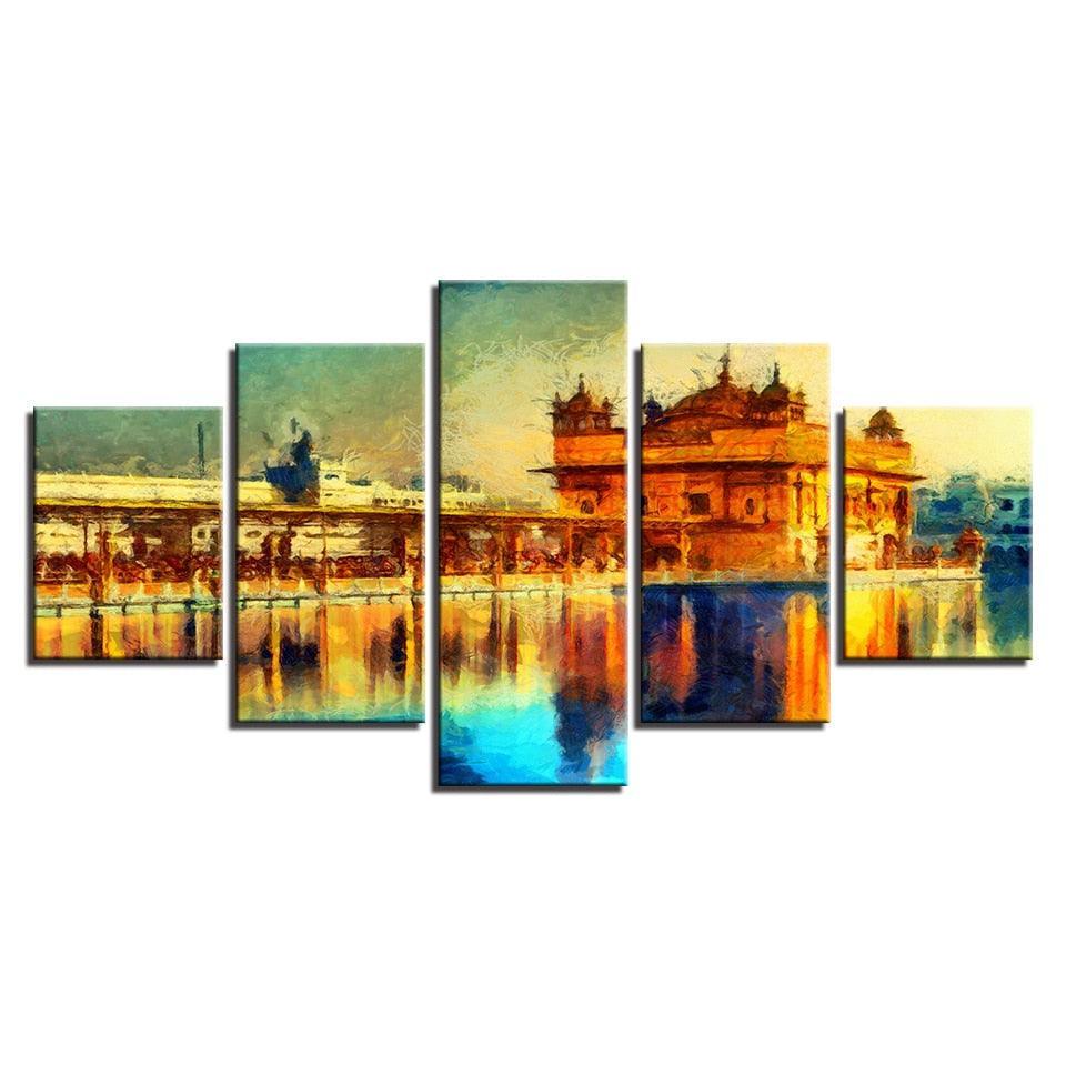 Golden Temple Landscape 5 Piece HD Multi Panel Canvas Wall Art Frame-Original Frame