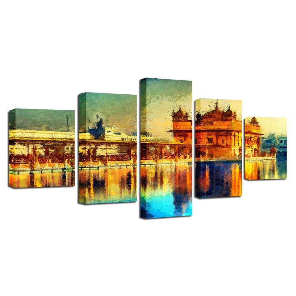 Golden Temple Landscape 5 Piece HD Multi Panel Canvas Wall Art Frame-Original Frame