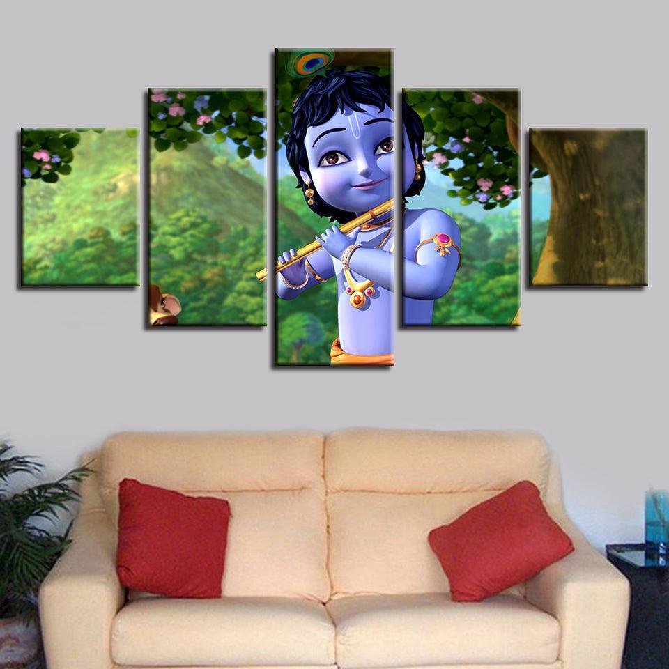 Little Krishna Painting 5 Piece HD Multi Panel Canvas Wall Art Frame-Original Frame